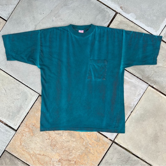 Vintage 90s Overdyed Dark Teal Reworked Pocket T-Shirt - Picture 1 of 5